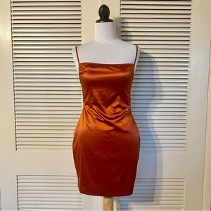Fashion Nova Rust Satin Stretch Mini Dress